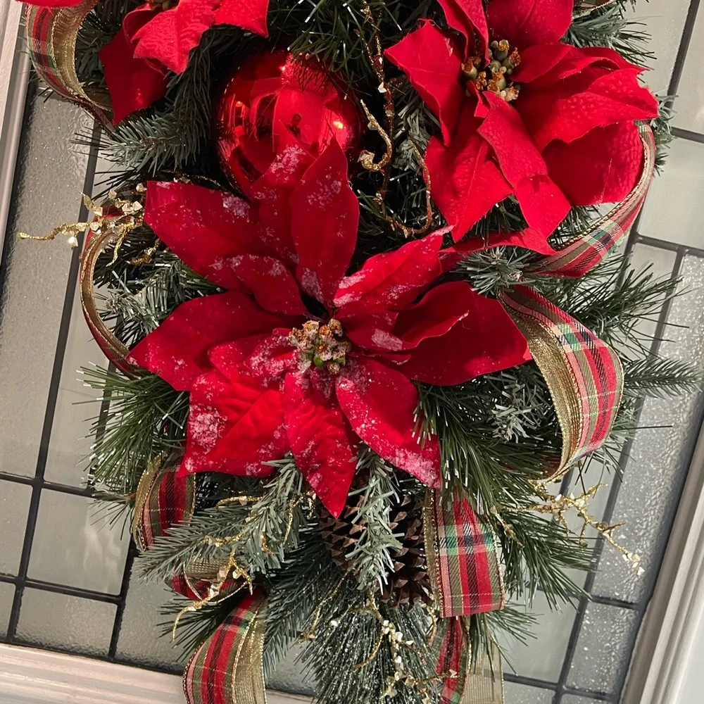 **Red Poinsettia Christmas Teardrop Swag Wreath Front door